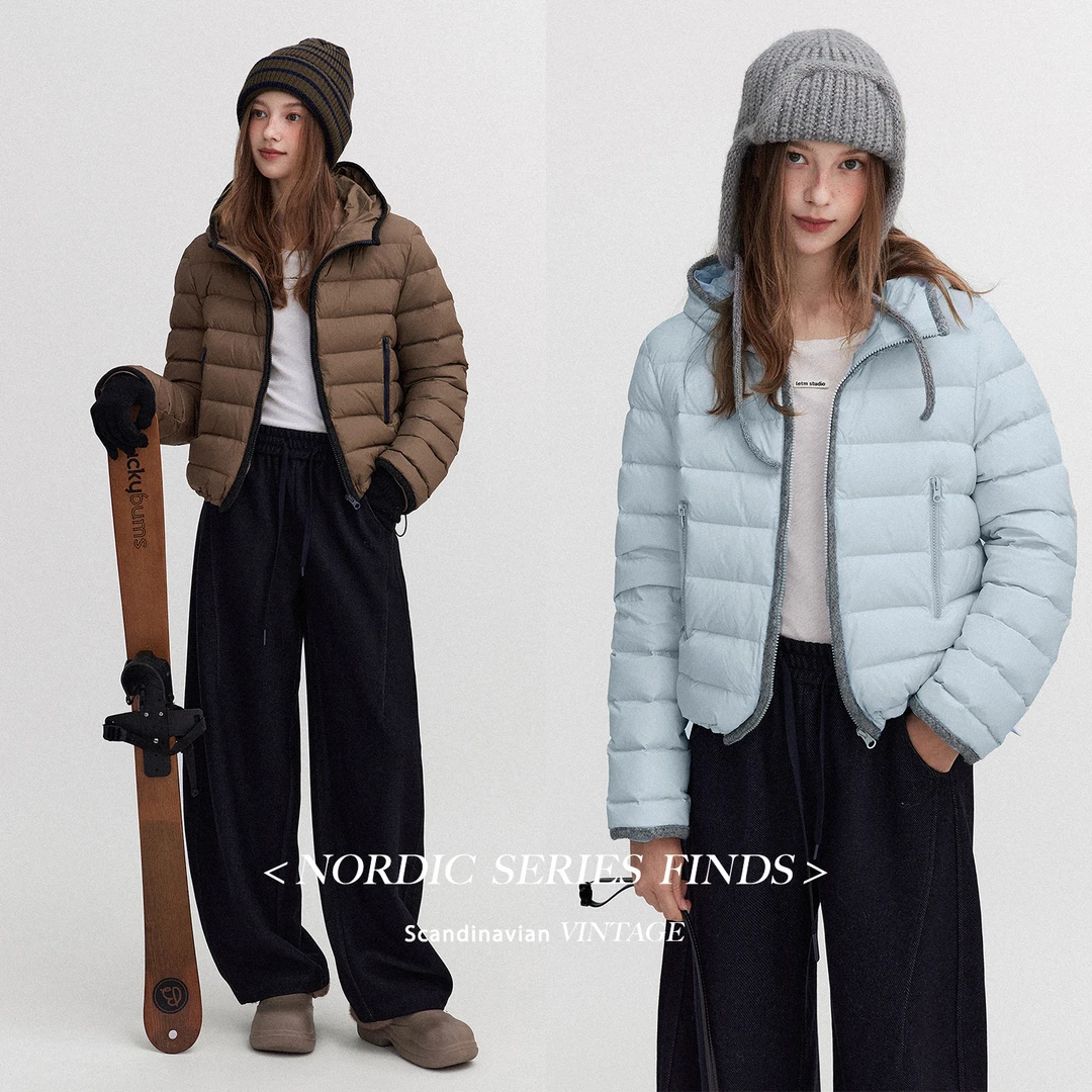 ®Letm 冰岛island’可溯源90白鸭绒短款连帽拼接针织排骨羽绒服女