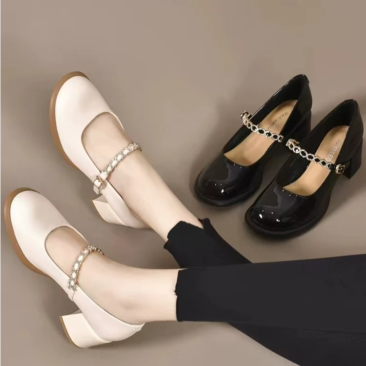 523501 新款百搭气质方头粗跟浅口软底玛丽珍单鞋