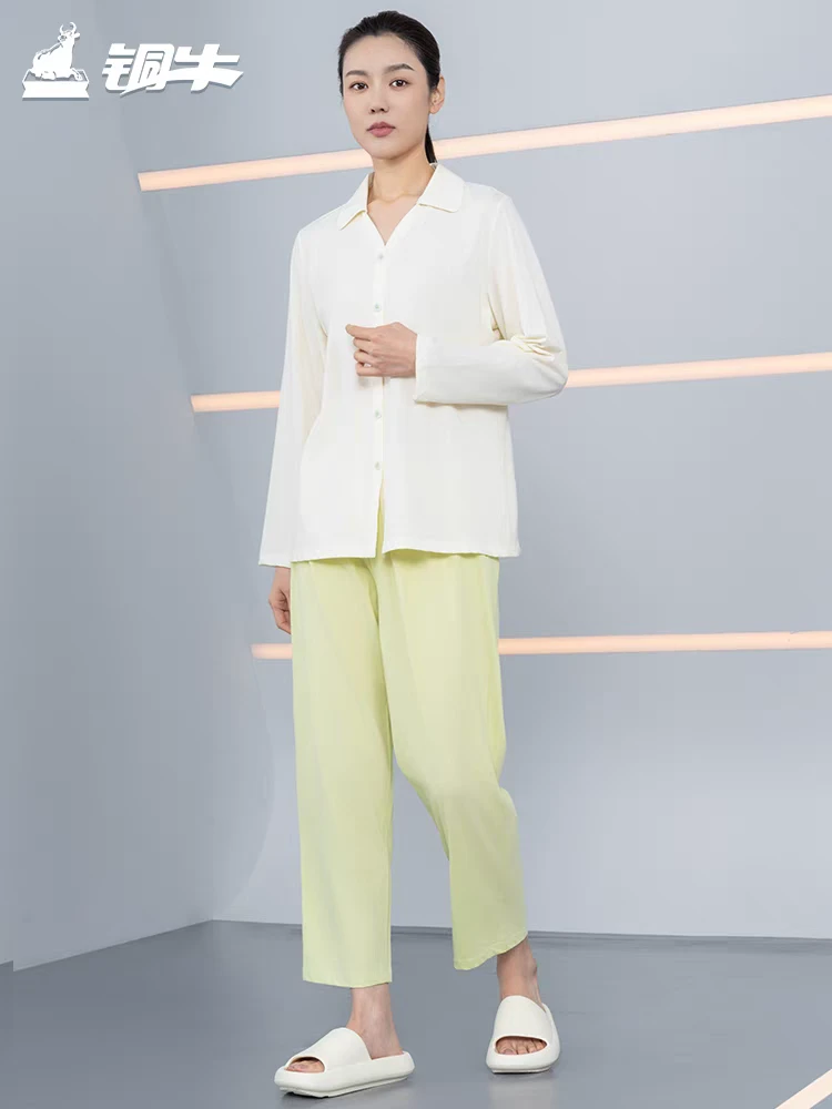 铜牛亲舒净爽棉翻领开襟家居女套2025春夏新款家居套装女VJ135