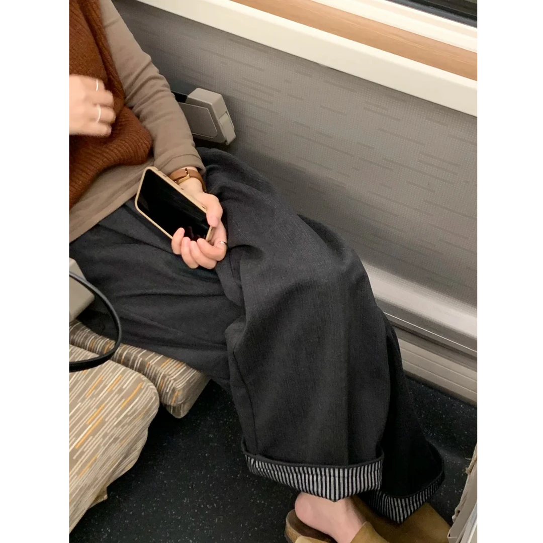 慵懒感灰色阔腿裤女秋冬胖mm宽松显瘦人字纹休闲裤卷边直筒毛呢裤