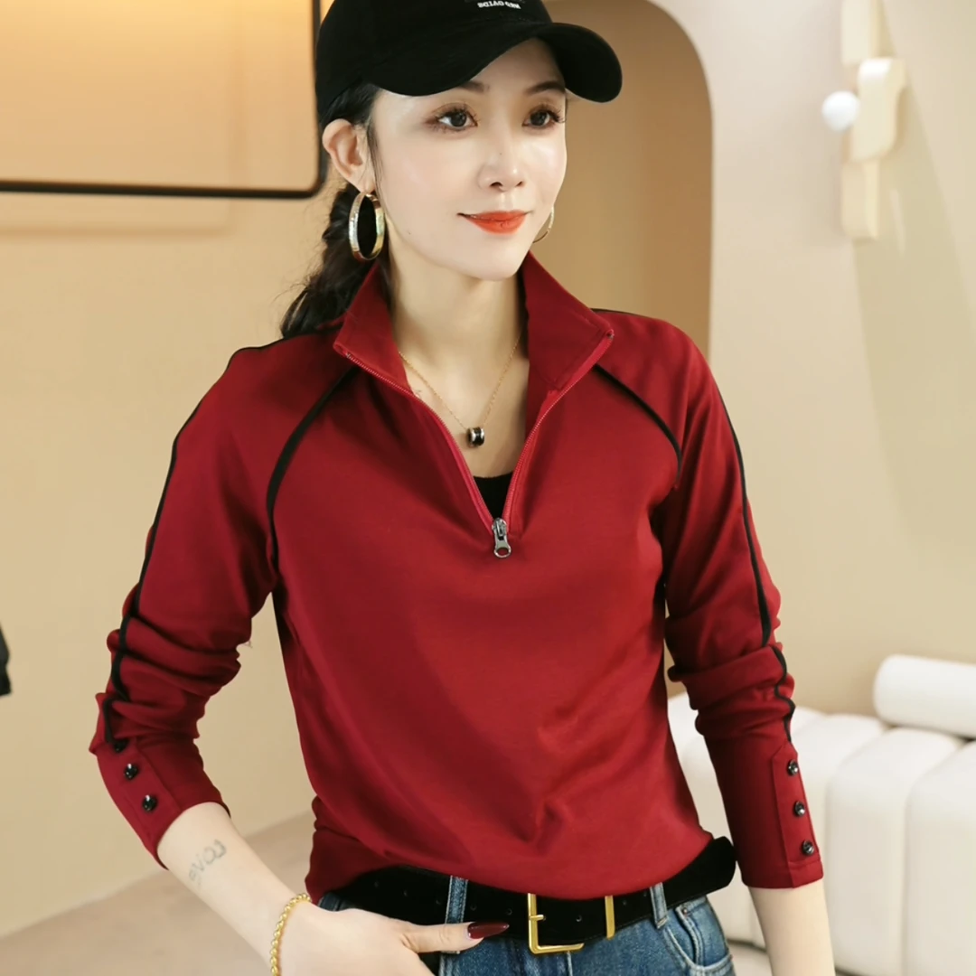 【众帆女装】8583春季时尚休闲洋气百搭半拉链运动立领长袖上衣