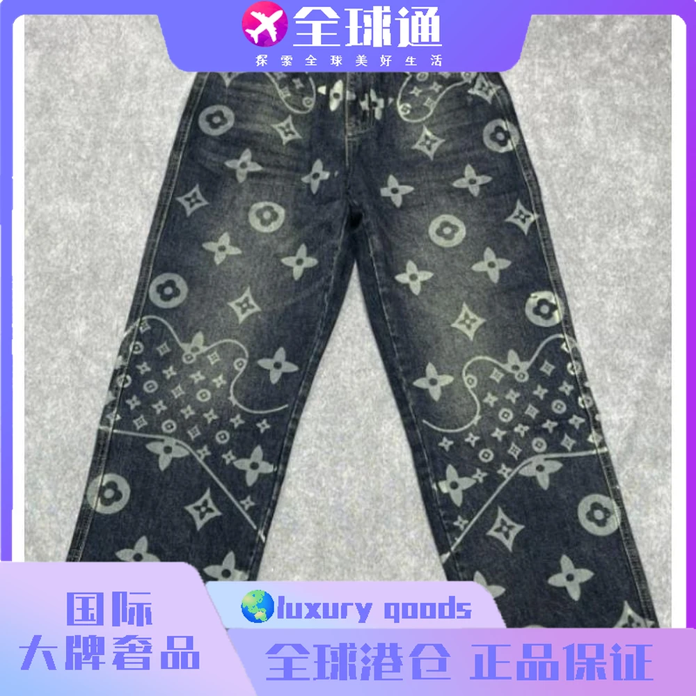 大牌奢品-888-1-无弹水洗印花牛仔裤赤耳阔腿裤常规款直筒裤