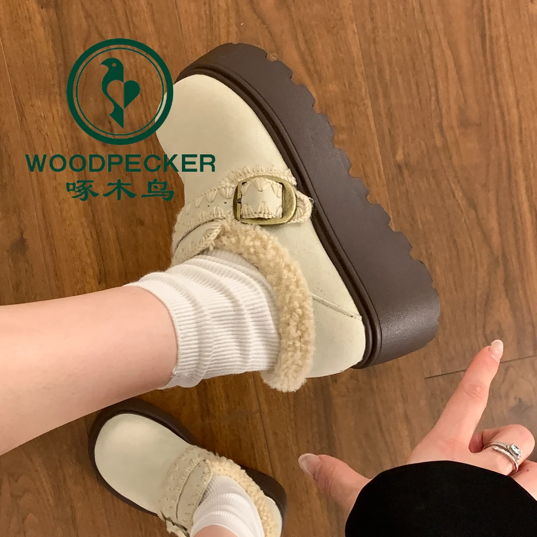 啄木鸟复古厚底加绒刺绣乐福鞋女2025新款冬季英伦风增高勃肯棉鞋