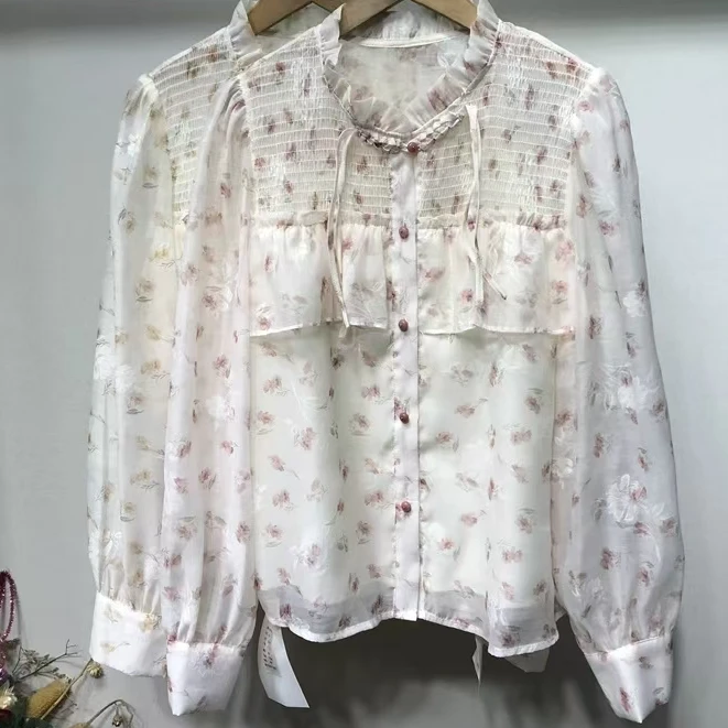 9803春装新款木耳边次品立领盘扣清新女小花上衣胸围104衣长59