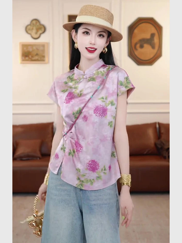 新中式女装粉色斜襟盘扣提花短袖衬衫正肩收腰旗袍改良唐装上衣夏