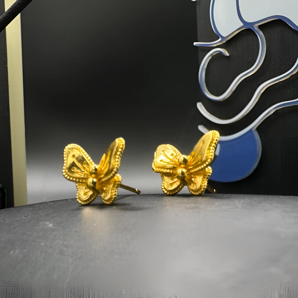 足银耳饰 巧福匠蝴蝶耳钉气质百搭精美手工复古古风简约古法黄色