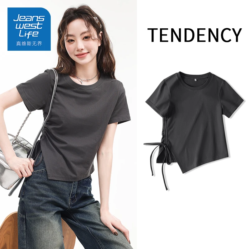 真维斯无界黑色短袖女款夏季修身显瘦不规则T恤斜领半袖小众上衣