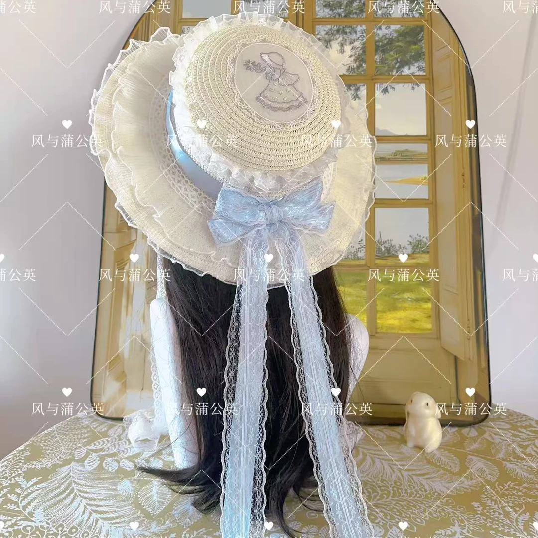 原创洛丽塔Lolita安徒生童话小女孩刺绣蝴蝶结宽檐遮阳帽草帽夏季