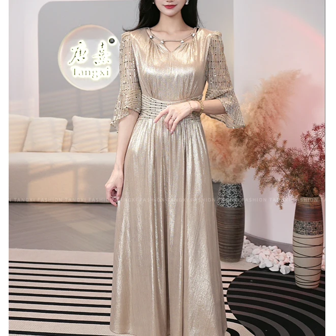 现货2025夏季新款【ZM24-X509】洋气法式香槟色设计显瘦连衣裙子女