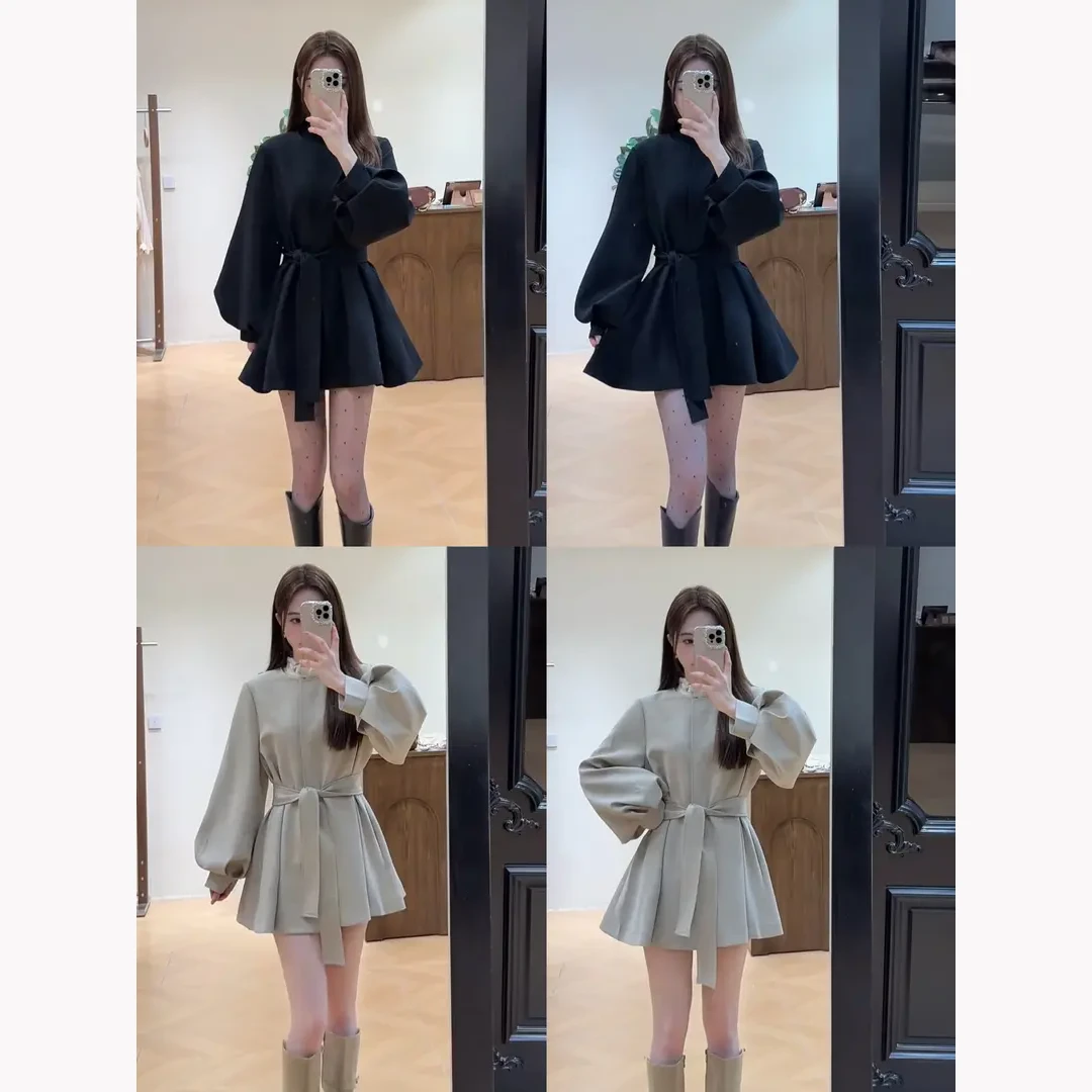 {系带}秋季韩系洋气宽松百搭显瘦系带收腰灯笼袖风衣外套女