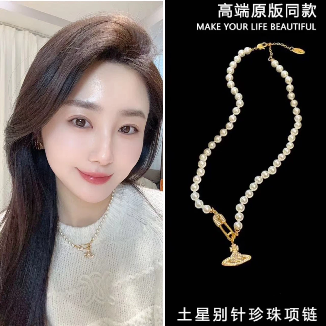 铜合金项链 原版西太后满钻别针立体星球土星珍珠项链毛衣链423