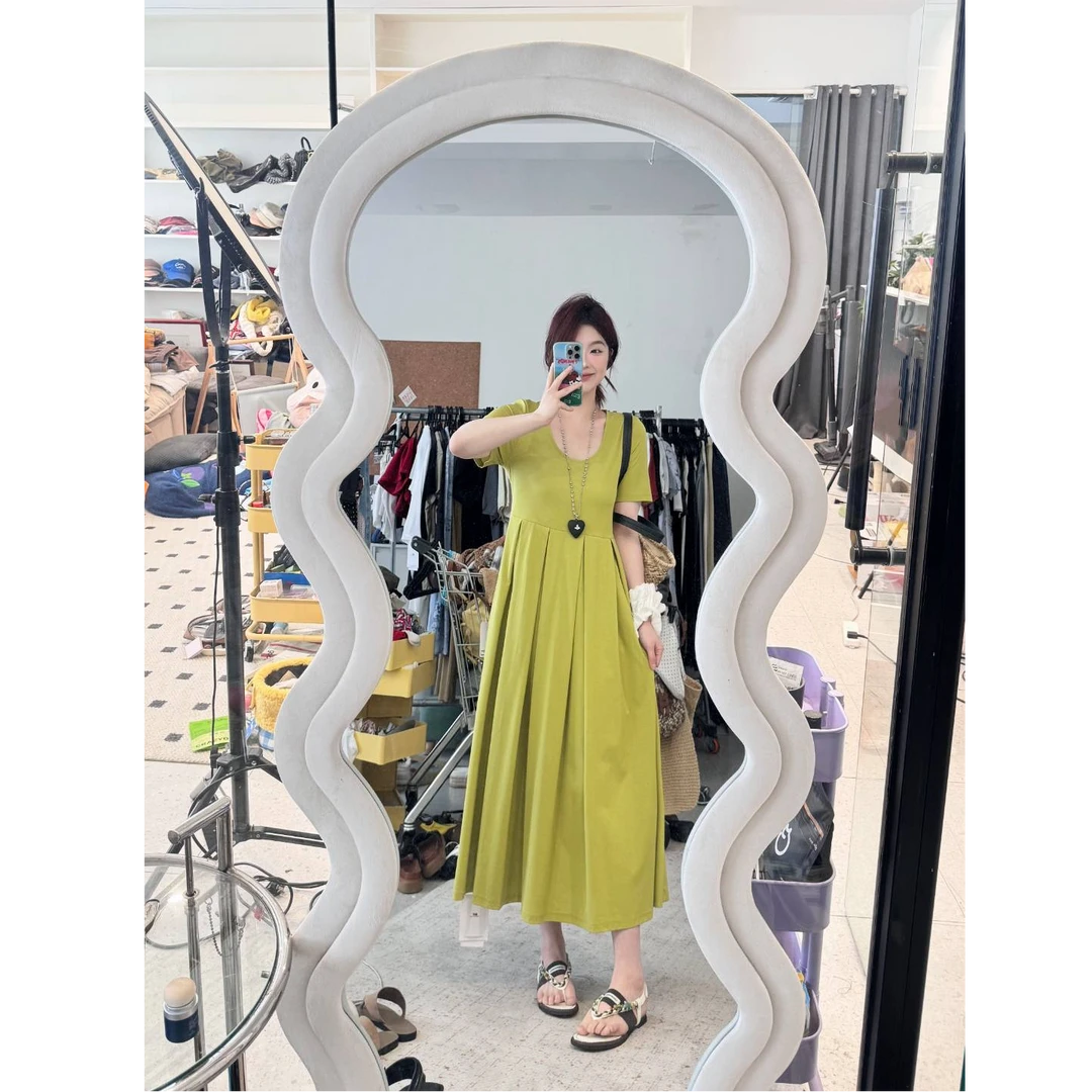 晶咕【松弛加倍】法式大U领纯色宽松短袖连衣裙