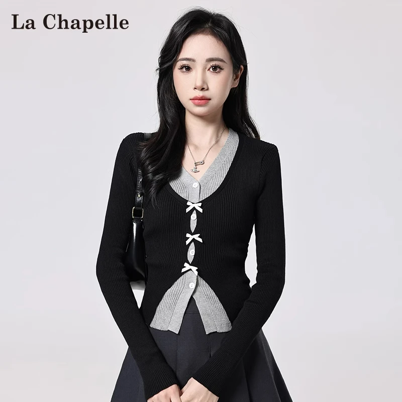 拉夏贝尔黑色假两件V领长袖T恤女2025春秋新款小众蝴蝶结短款上衣