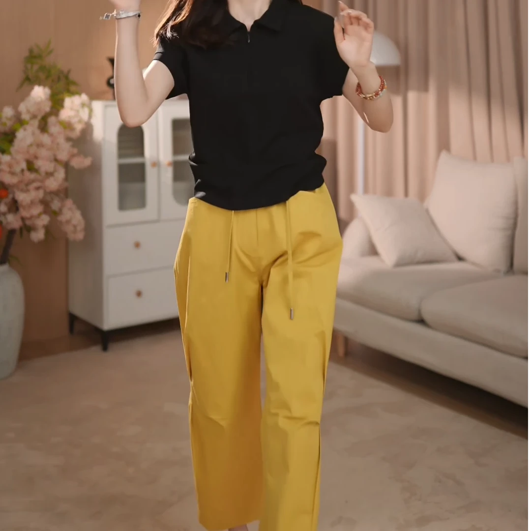 夏季新款针织POLO衫女休闲显瘦上衣薄+休闲裤
