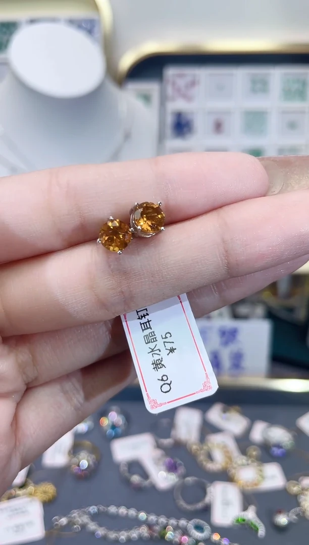 黄晶耳饰银S925镶嵌天然宝石