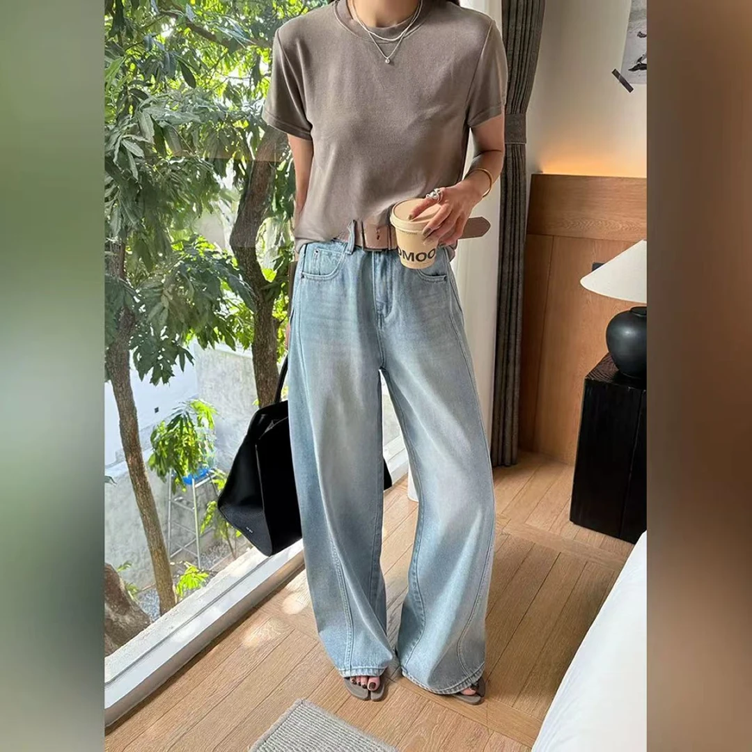 16686#欧货春季新款高腰宽松显瘦直筒拖地裤牛仔阔腿长裤女
