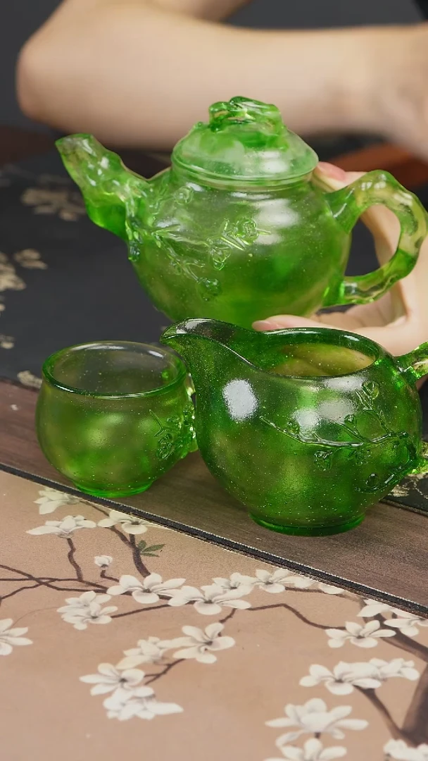 手工艺品琉璃绿色梅花壶+公道+杯子一套