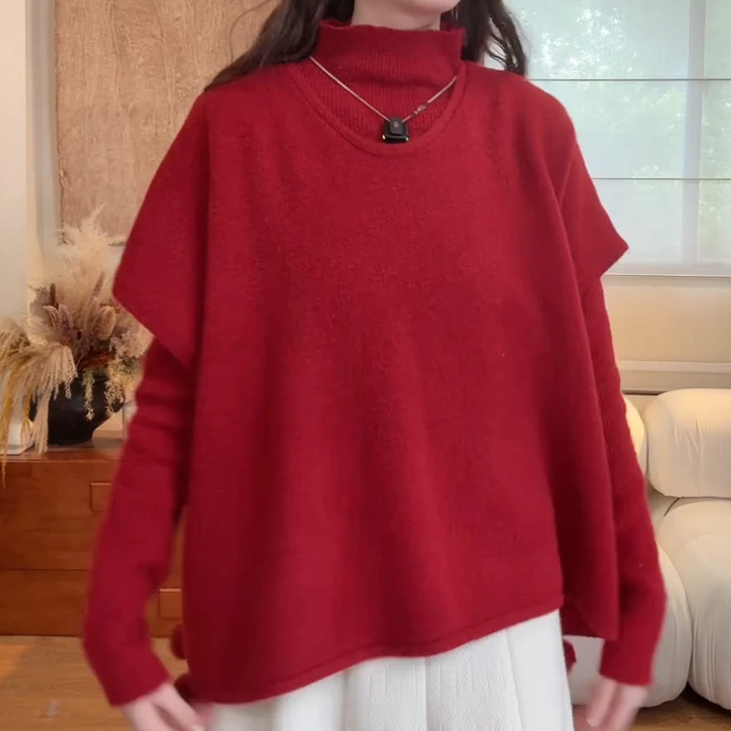 冬季新款时尚女宽松毛球披肩+长袖毛衣两件套LK2508583