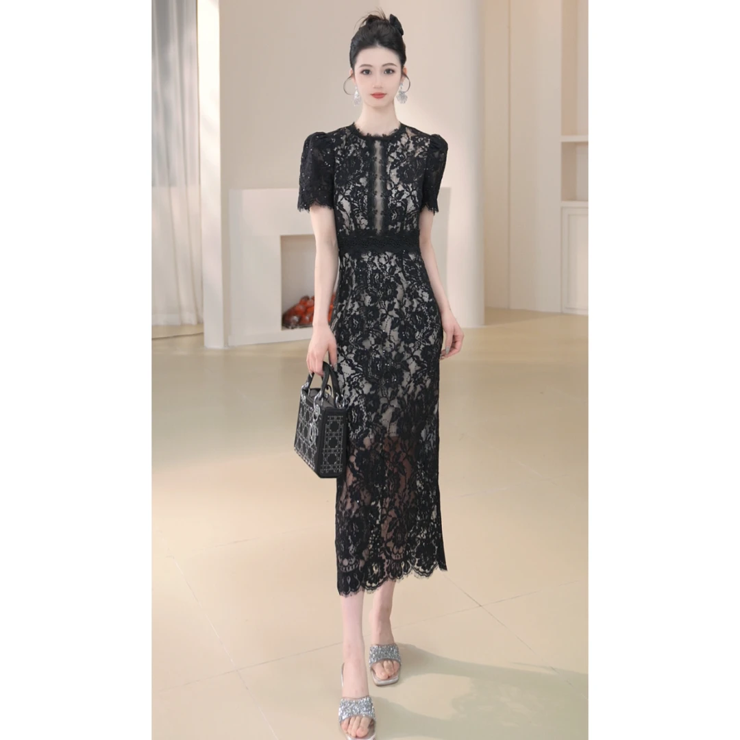 21791修身气质轻奢夏季复古国风名媛显瘦优雅时尚拼接修身连衣裙