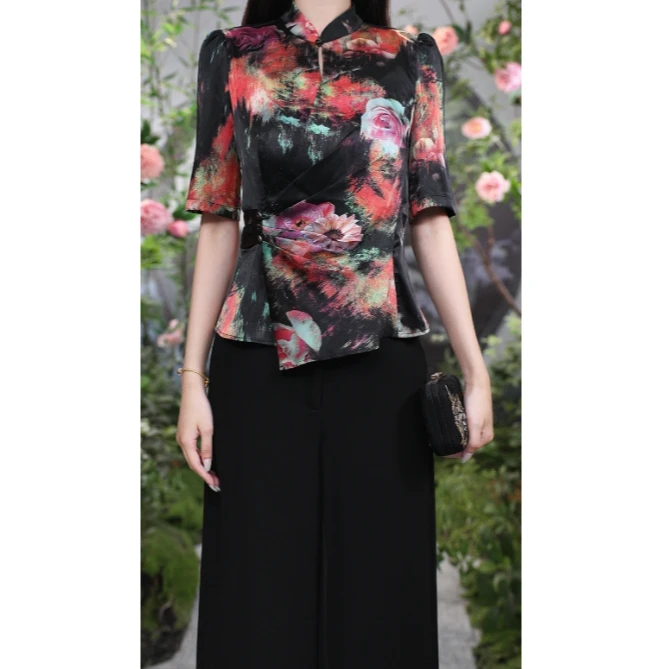 SUSSI/古色【镜花水月】25夏季专柜同款立领斜襟气质聚会短袖上衣