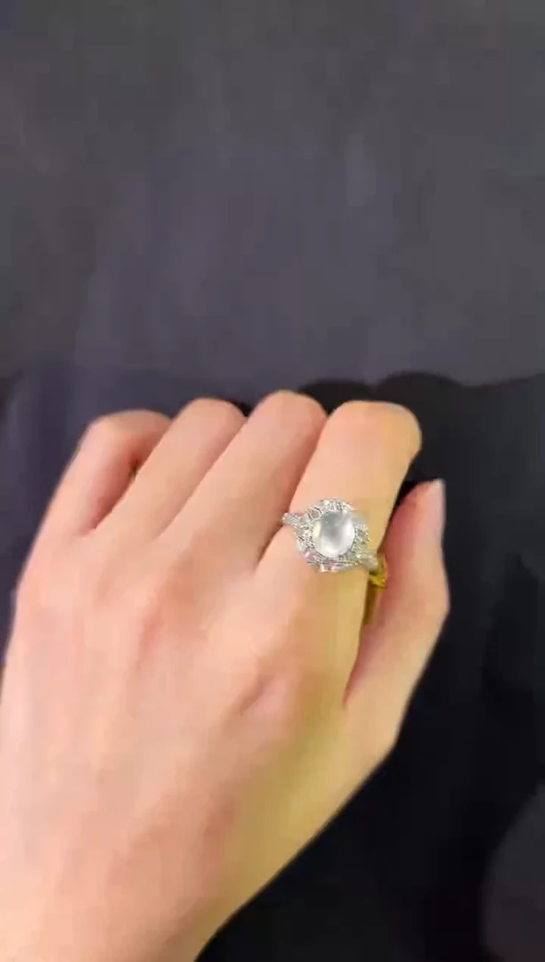 18K金镶嵌戒指翡翠野**宝翡翠蛋面戒指13圈不退不换