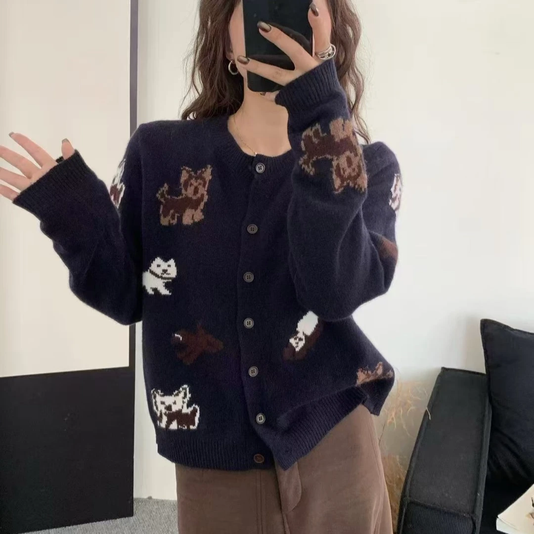 【潦草小狗】秋季新款时尚圆领小狗提花显瘦短款针织开衫9462