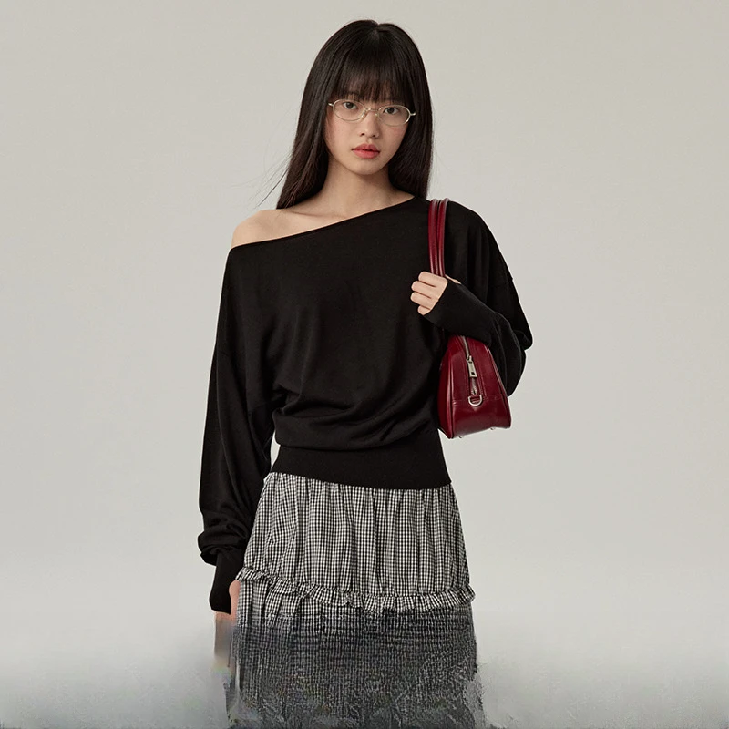 omont蛋挞家 气质慵懒斜肩针织衫春收腰显瘦打底长袖1I0217Z46X2