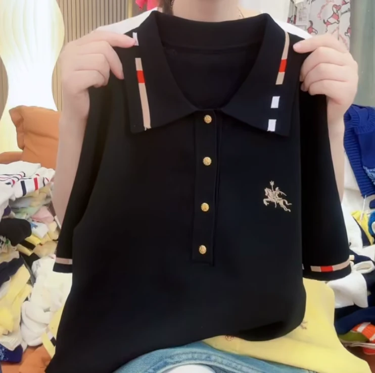 《蕾姐》翻领针织衫夏季口袋彩条撞色polo衫短袖045180-黑色
