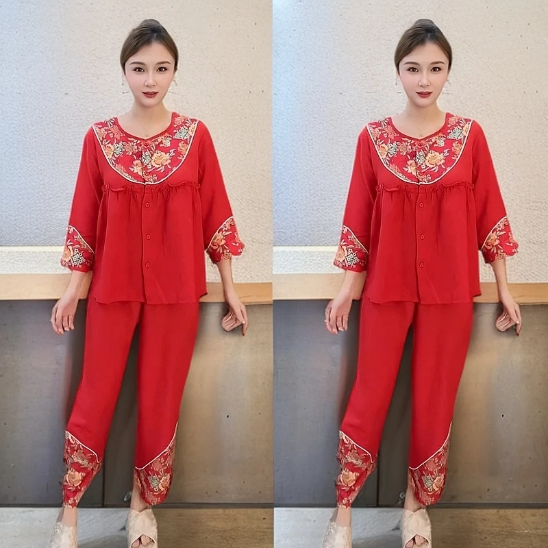 网红爆款国风盘扣宽松大码睡衣女套装四季款皱棉时尚洋气家居服女