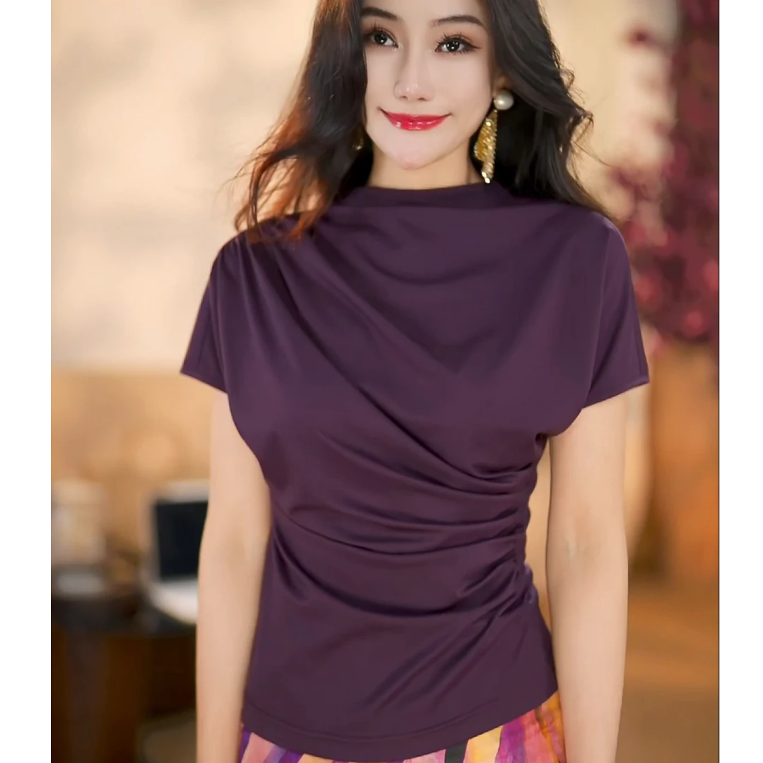 【Pansy】紫色浪漫 法式轻奢气质修身显瘦褶皱百搭短款上衣-HZ611