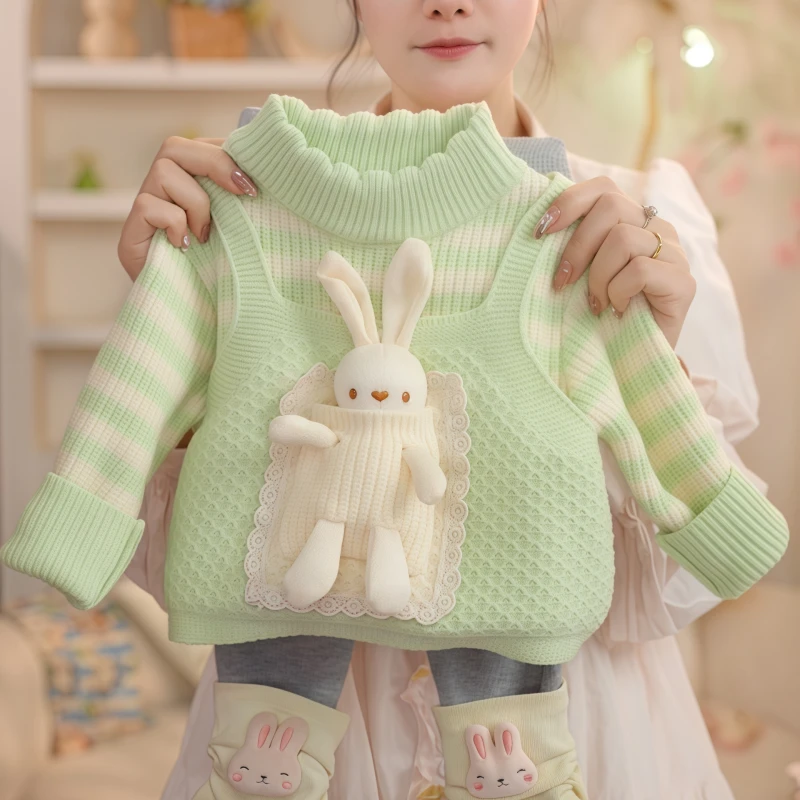 【076】2024年新款秋冬加厚可爱假两件立体小兔毛衣加绒打底裤套装