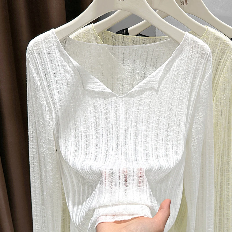 宽松白色内搭薄透款镂空翻领长袖针织衫上衣女2025夏季新款打底衫