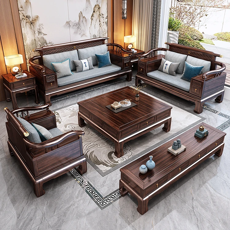 新中式实木沙发禅意实木贵妃沙发高脚客厅别墅家用实木家具成套