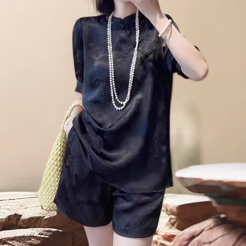 高端新中式提花黑色套装女夏季轻国风盘扣短袖衬衫阔腿短裤两件套