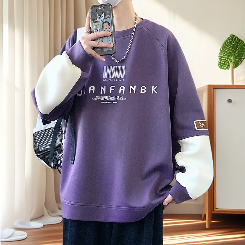 撞色拼接卫衣男春秋打底衫圆领长袖T恤港风时尚宽松青少年慵懒风