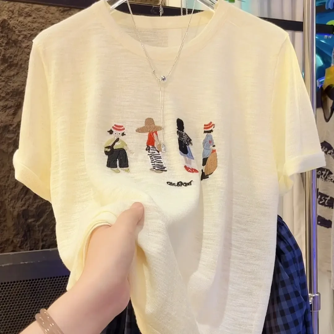 夏季新款竹节麻刺绣四个女孩针织短袖时尚百搭宽松透气显瘦设计感