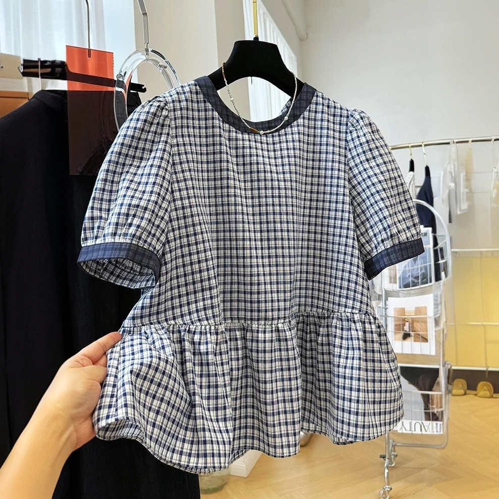 韩系轻奢减龄圆领短袖娃娃衫女夏复古格子衬衫超好看裙摆小衫上衣