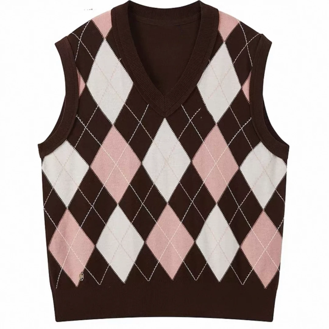 【CG-Y】NO退NO换【赵露思同款】小熊针织衫宽松V领菱形格背心复古百