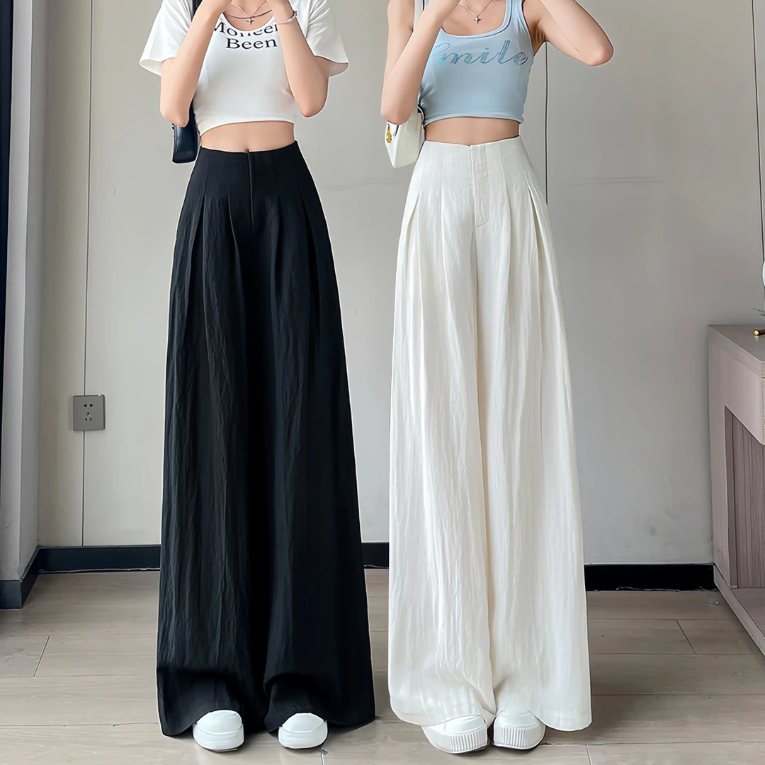 白色冰丝亚麻阔腿裤女夏季2025新款高腰垂感凉凉裤薄款休闲山本裤