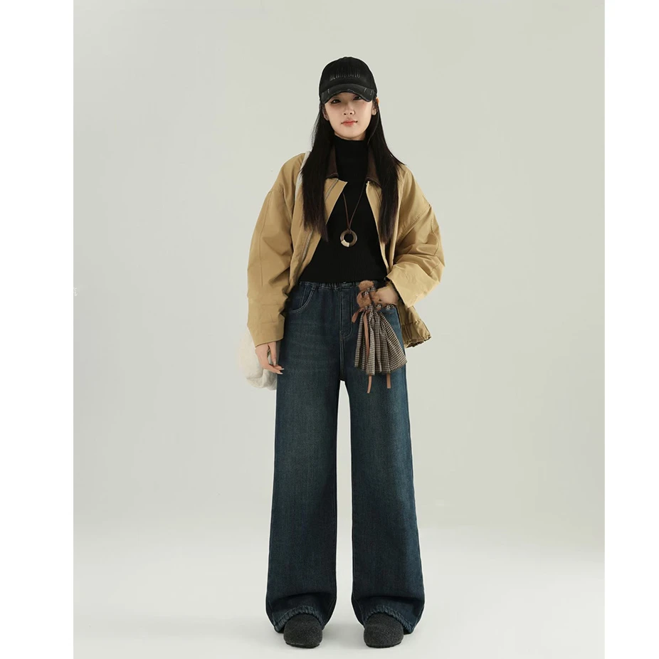 女童冬季长裤冬季牛仔裤直筒百搭加绒裤子