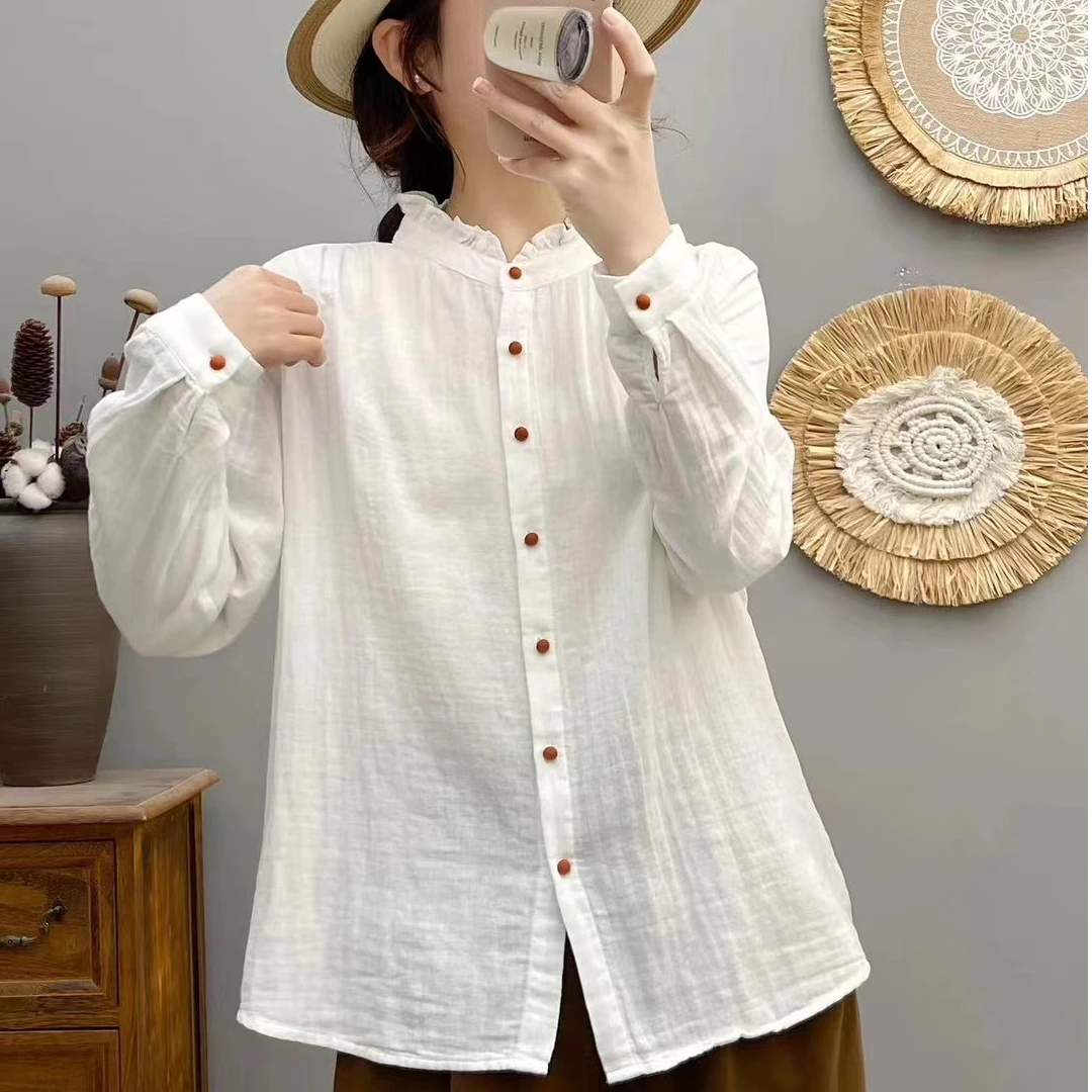 文艺清新木耳边立领双层棉纱女衬衫长袖时尚洋气全棉白衬衫