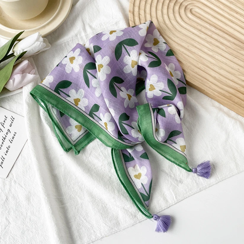 【流苏全棉小方巾】一朵棉猫印花韩版文艺小花护颈防晒百搭小方巾