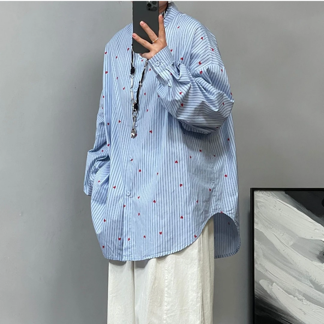 82134春季衬衫休闲百搭时尚宽松潮流韩版条纹长袖痞帅设计感衬衣.