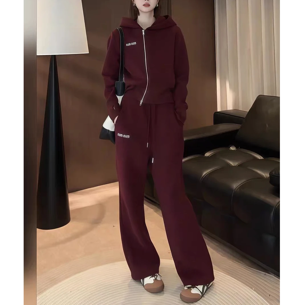 高端欧货网红时尚秋装2025新款休闲运动套装开衫连帽阔腿裤两件套