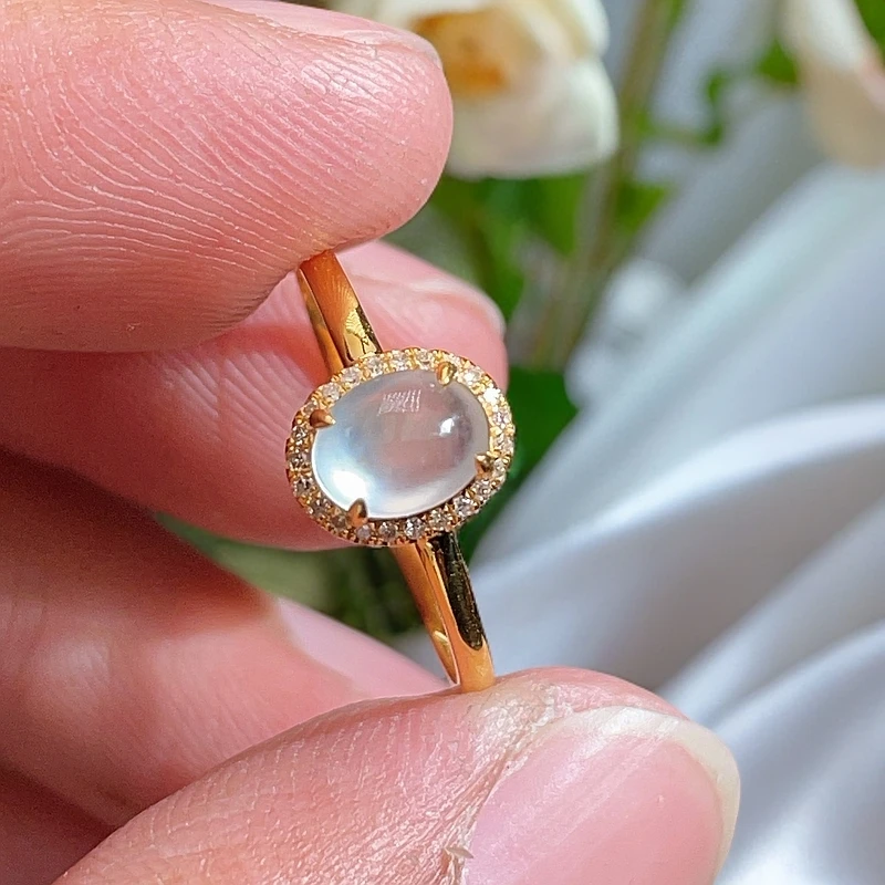 18K金天然翡翠A货-C围钻冰蛋面戒指直臂K黄1480