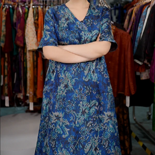 6866高端新款中式印花夏季中袖连衣裙冠乐皱气质大码显瘦国风裙子