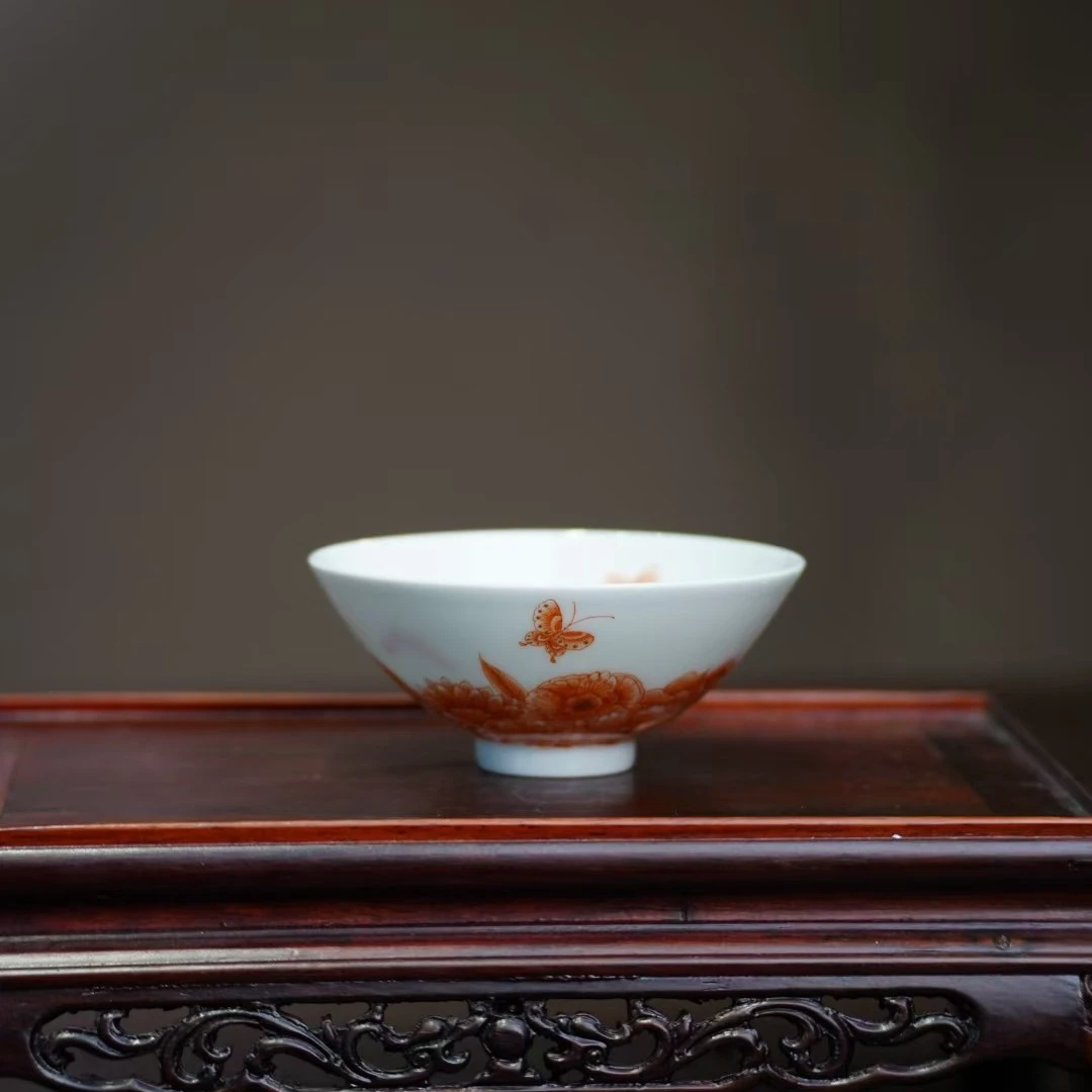 隐山清玩 | 繁红蝶恋花斗笠杯 80ml 景德镇陶瓷 手工手绘茶杯茶具