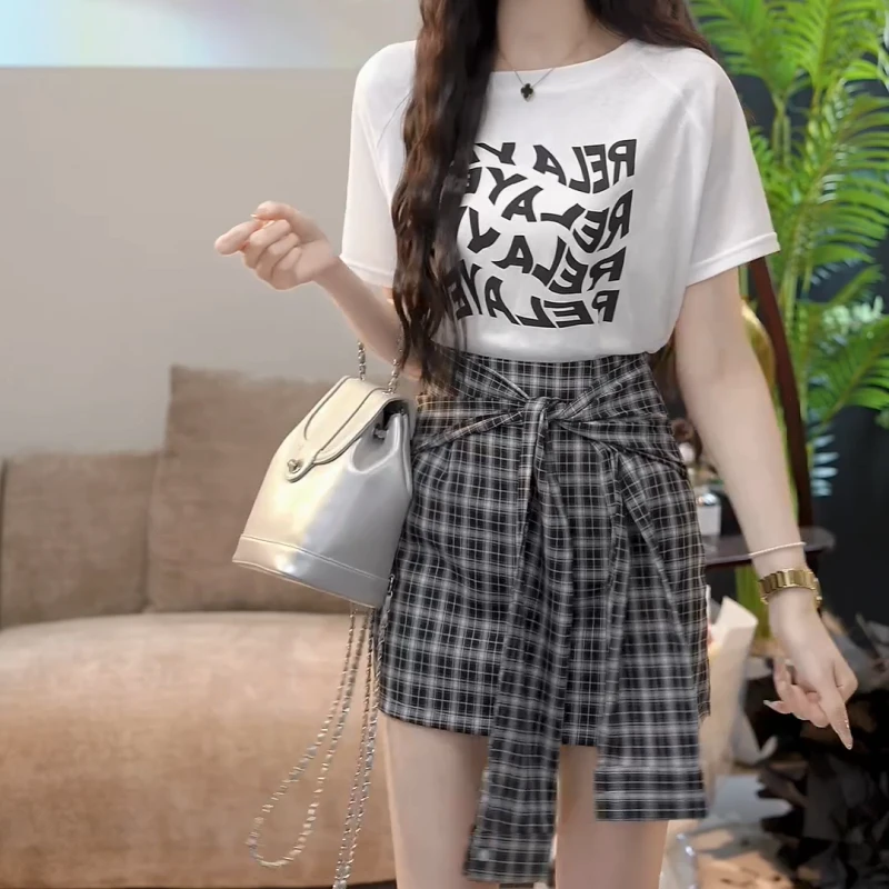 【月华浮梦】2025夏季新款字母T恤+格子半身裙两件套LK2502721