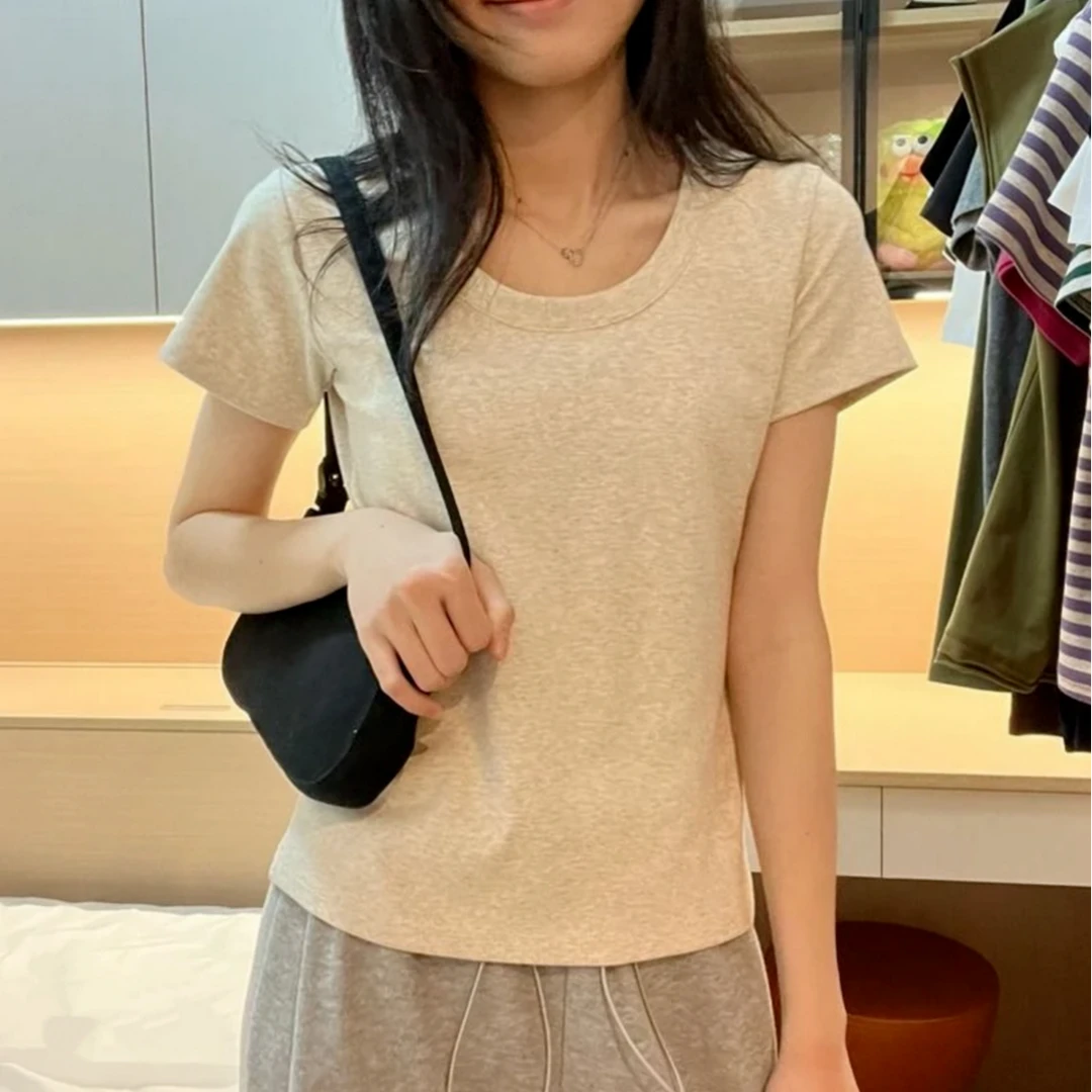 夏季女士圆领正肩T恤高弹简约纯色大圆领修身上衣设计感显瘦短袖