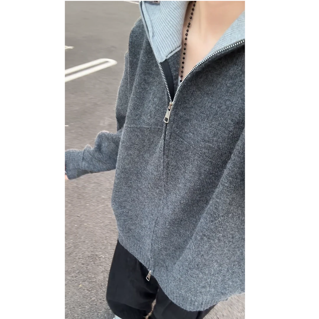 翻领撞色毛衣男士秋季宽松针织衫韩版青少年帅气百搭工装夹克外套